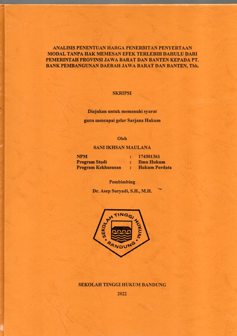 ANALISIS PENENTUAN HARGA PENERBITAN PENYERTAAN MODAL TANPA HAK MEMESAN EFEK TERLEBIH DAHULU DARI PEMERINTAH PROVINSI JAWA BARAT DAN BANTEN KEPADA PT. BANK PEMBANGUNAN DAERAH JAWA BARAT DAN BANTEN, Tbk.